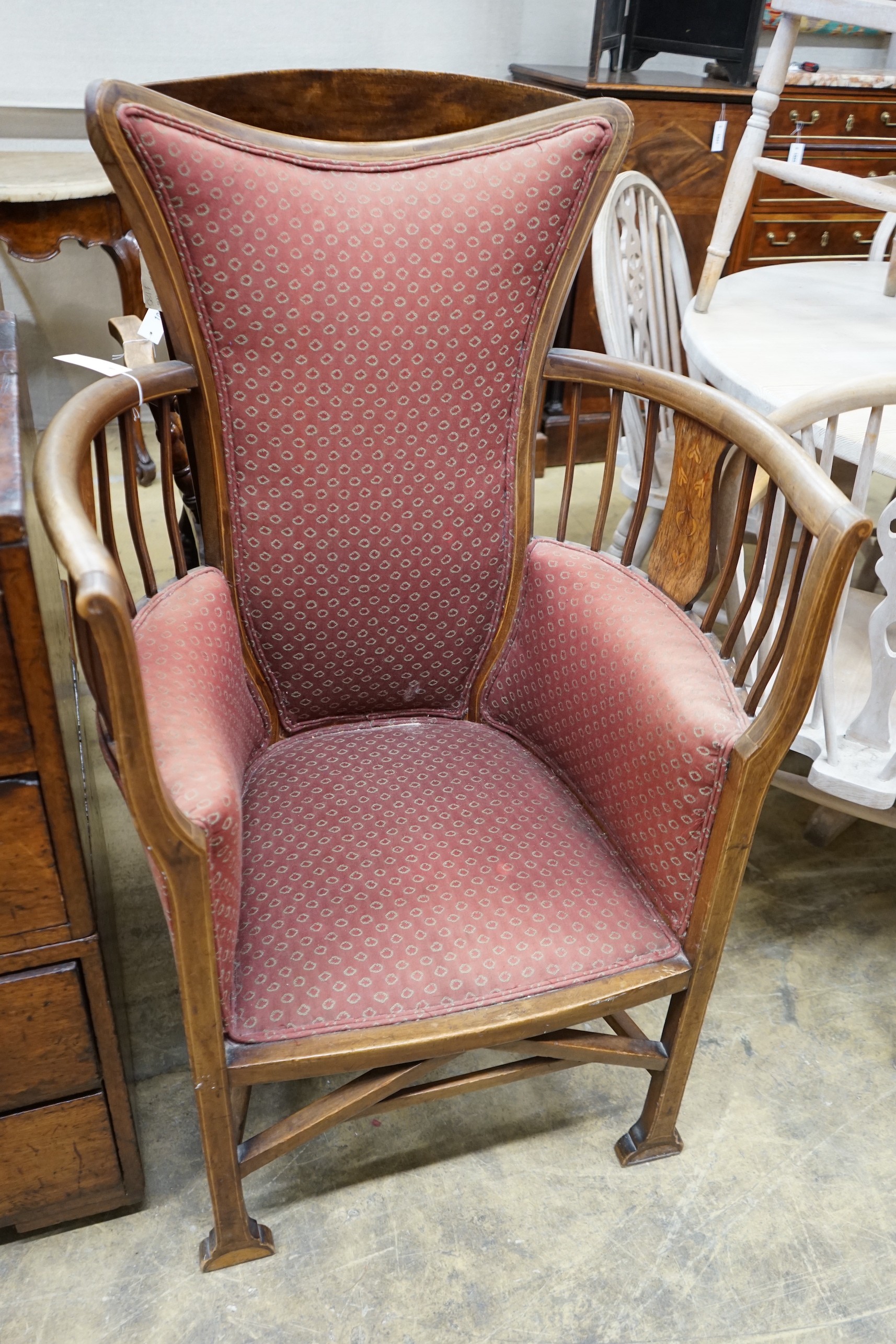 An Edwardian Art Nouveau Mackintosh style inlaid tub framed armchair, width 70cm, depth 50cm, height 114cm